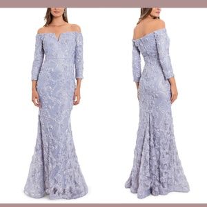 NWT $298 XSCAPE [ 10] Off Shoulder Long Sleeve Lace Trumpet Gown in Grey